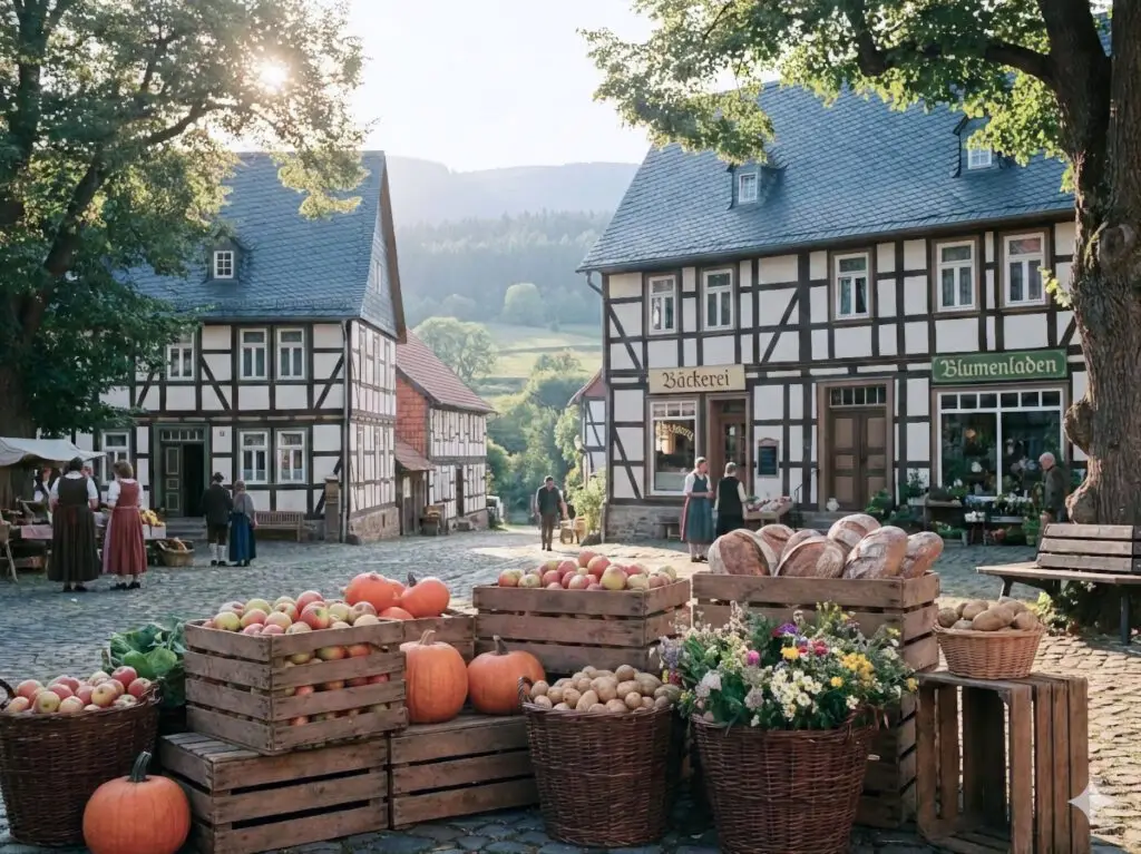 Dörfliche Marktidylle mit Menschen und mehreren Geschäften. KI-Symbolbild.