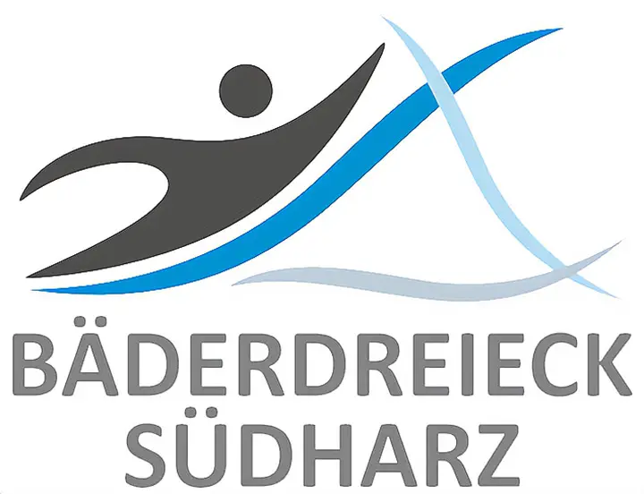 Logo vom Bäderdreieck Südharz, ein stilisierter Schwimmer und drei Wellen bilden ein Dreieck
