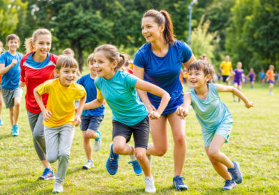 Mehrere Kinder in verschiedenen Altersstufen spielen auf einer Wiese. KI