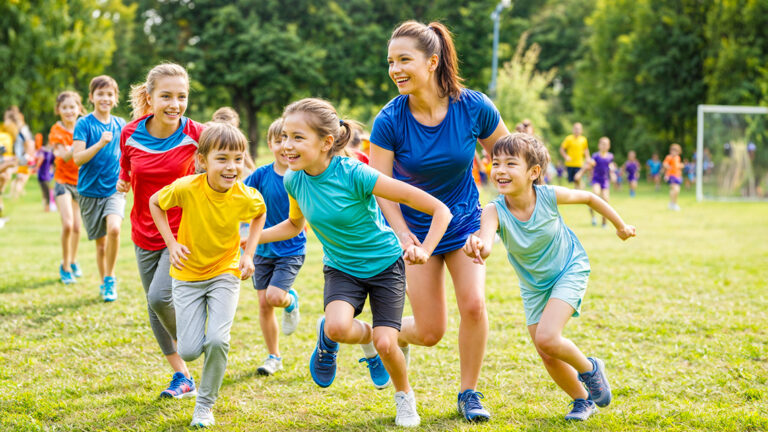 Mehrere Kinder in verschiedenen Altersstufen spielen auf einer Wiese. KI