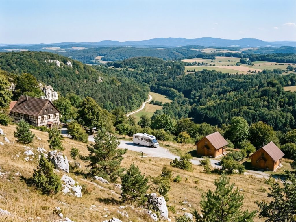 Blick in ein malerisches Tal im Südharz mit Felsen, einem Hotel, einem Wohnmobil und zwei Ferienhäusern. KI