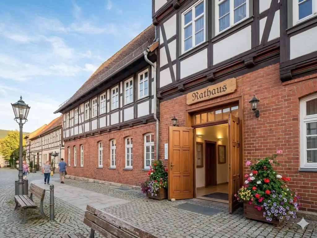 Beispielbild für ein altes Rathaus. KI.