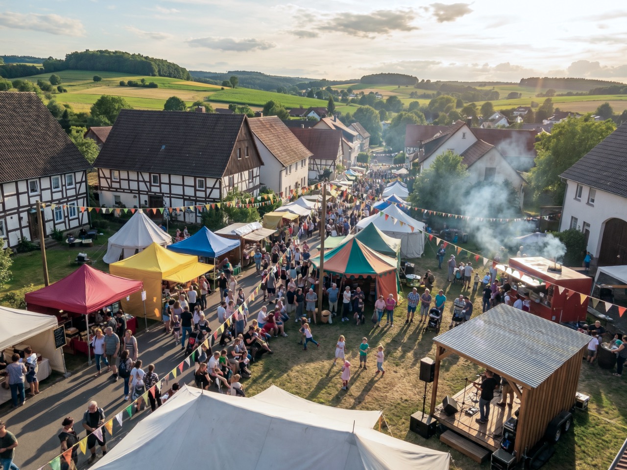 Blick auf ein buntes Dorffest im Freien bei Sonnenschein. Bunte Marktstände und Zelte auf einem Dorfplatz, umgeben von Fachwerkhäusern und grünen Hügeln. Menschen verschiedener Altersgruppen flanieren, Kinder spielen, eine kleine Bühne mit Musikern ist im Hintergrund zu sehen. Wimpelketten hängen zwischen den Ständen. KI.