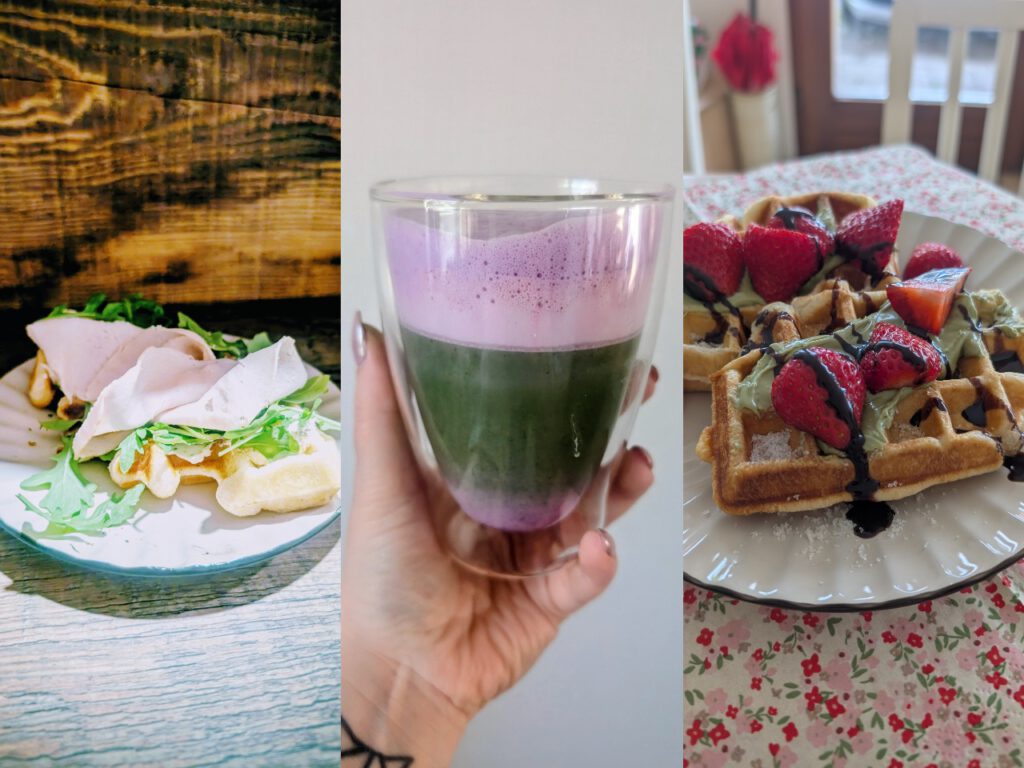 Angebote im Fräulein Fuchs und Hummel: herzhafte Waffel mit Schinken und Rucola, zweifarbiger Matcha-Beeren-Latte im Glas und süße Waffel mit Matcha-Creme, Erdbeeren und Schokosauce.