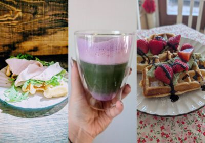 Angebote im Fräulein Fuchs und Hummel: herzhafte Waffel mit Schinken und Rucola, zweifarbiger Matcha-Beeren-Latte im Glas und süße Waffel mit Matcha-Creme, Erdbeeren und Schokosauce.
