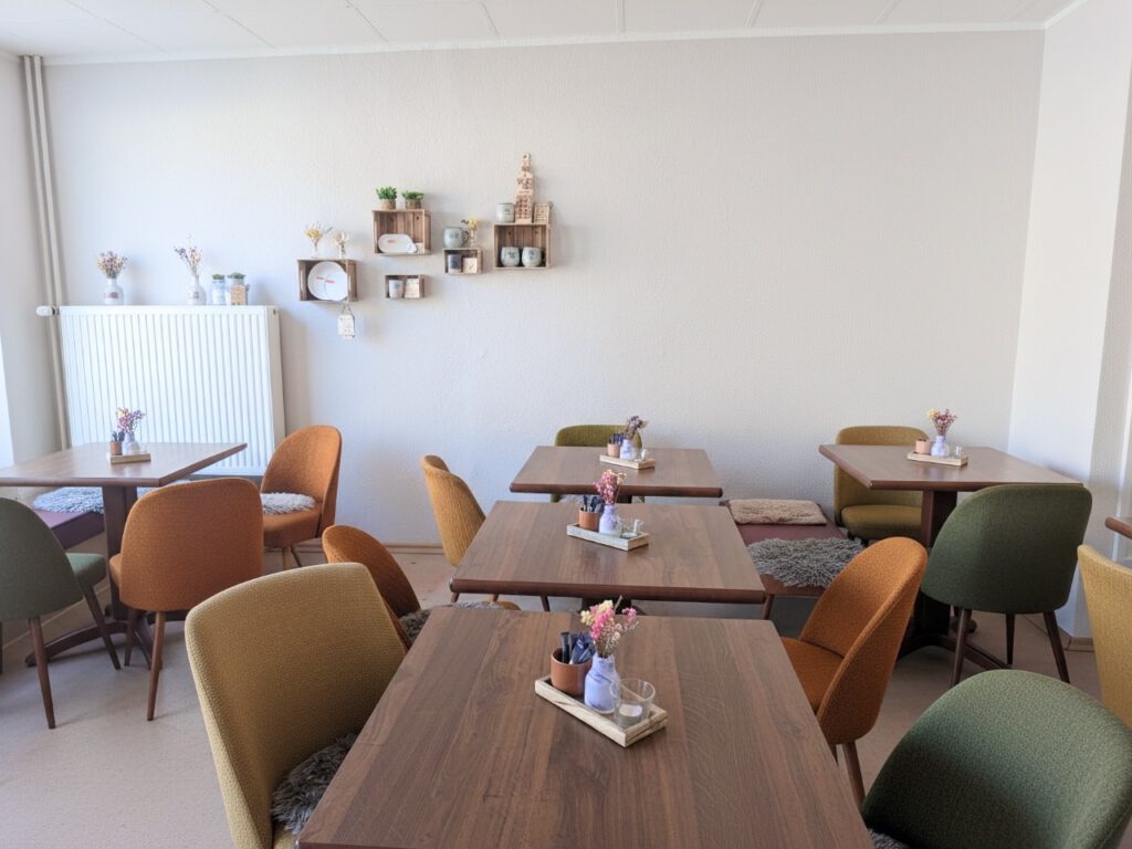 Gemütlicher Café-Raum im Fräulein Fuchs und Hummel in Ilfeld mit Holztischen und Polsterstühlen in Senfgelb, Orange und Grün, Trockenblumen auf jedem Tisch und dekorierten Holzregalen an der weißen Wand.
