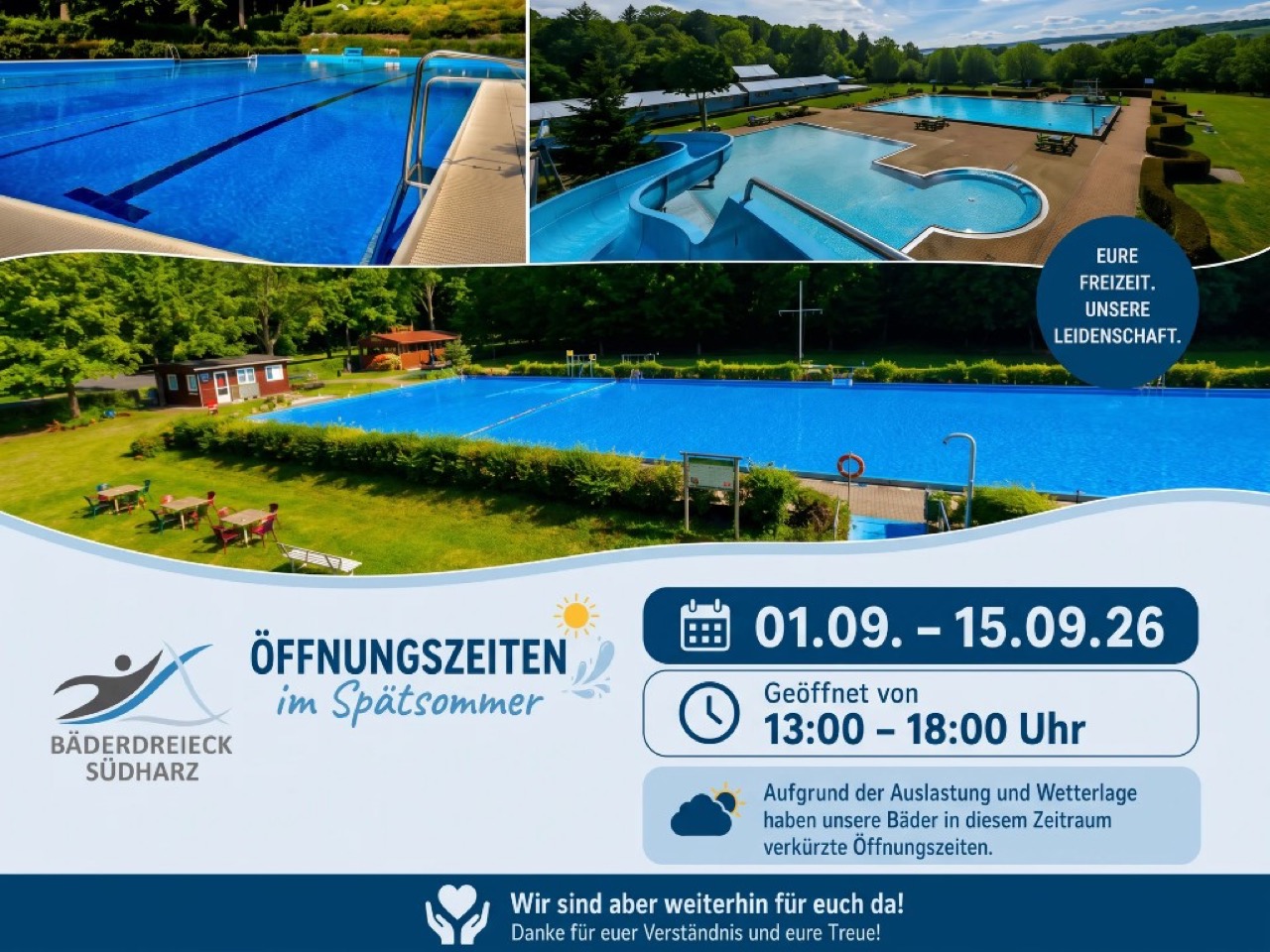 Bäderdreieck Südharz: Im Spätsommer nur 13–18 Uhr